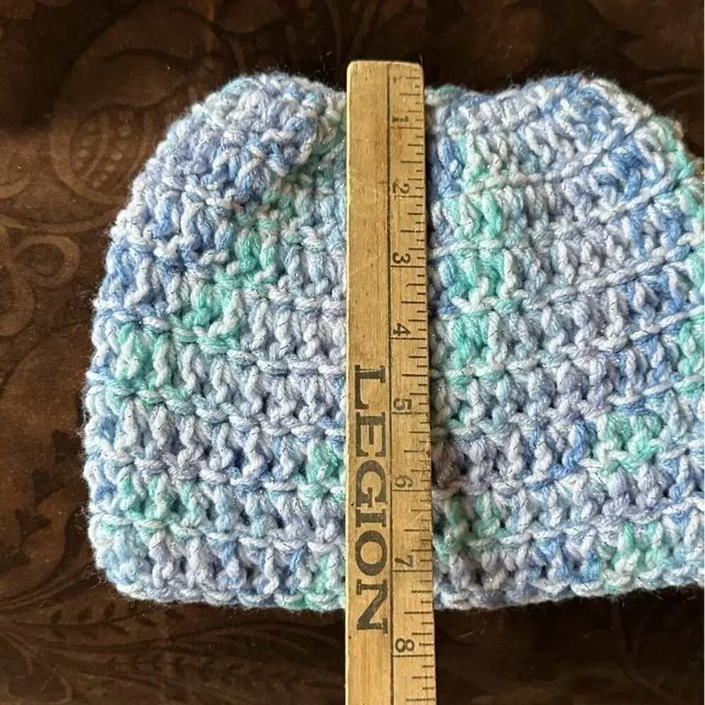 Ponytail hole crochet hat Silver tinsel pastel and white handmade acrylic